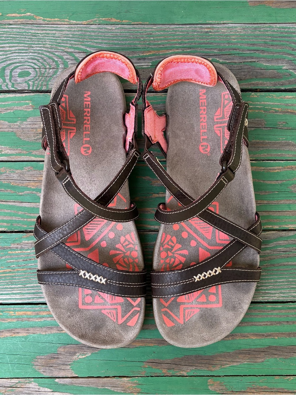 Merrell Womens Sz 8 Sandspur Rose Leather Strappy Sport Sandals Cocoa Coral